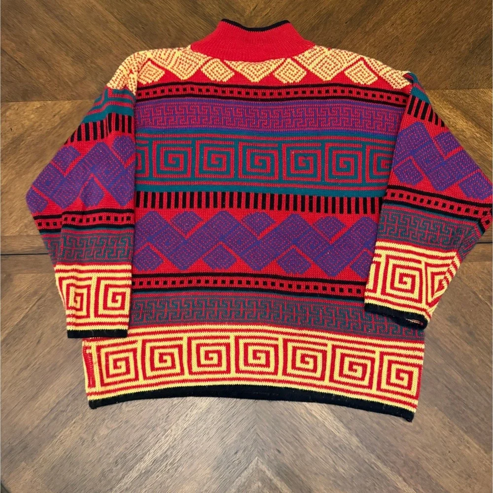 Vintage Michael Carrie Geometric Greek Key Knit Sweater Red Multi Color Mens M